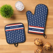 Nautical Monogrammed Navy Blue Red Anchor Ovenwant & Pannenlap Set (Top down)
