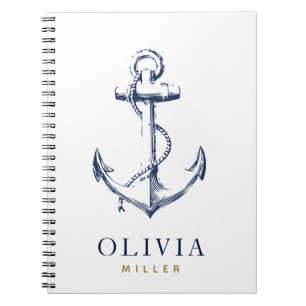 Nautical Navy Anchor Blue Gold Monogram Notitieboek