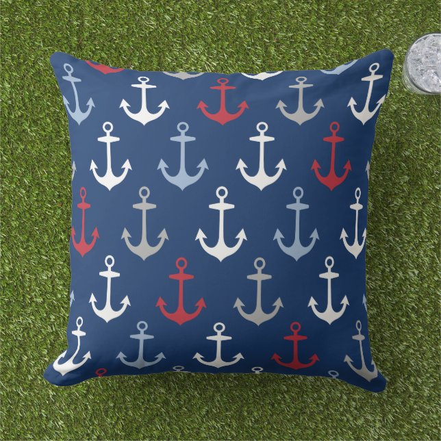 Nautical Navy Anchor Pattern Red White en Blue Buitenkussen (Gras)