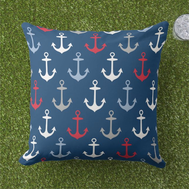 Nautical Navy Anchor Pattern Red White en Blue Buitenkussen (Gras)