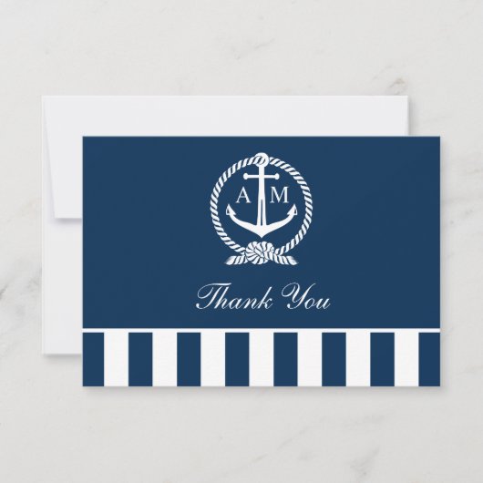 Nautical Navy Anchor Stripes Wedding Monogram Bedankkaart (Voorkant)