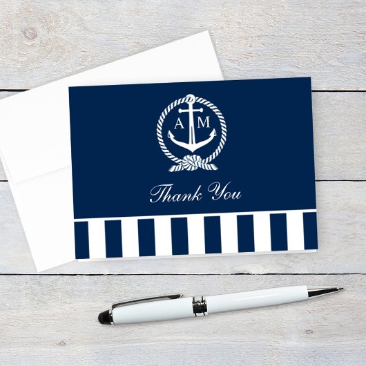 Nautical Navy Anchor Stripes Wedding Monogram Bedankkaart