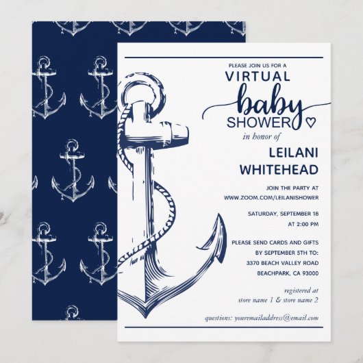 Nautical Navy Anchor Virtual Baby shower Kaart (Voorkant / Achterkant)