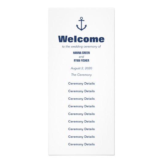 Nautical Navy Anchor Wedding Programme Reclamekaart (Voorkant)