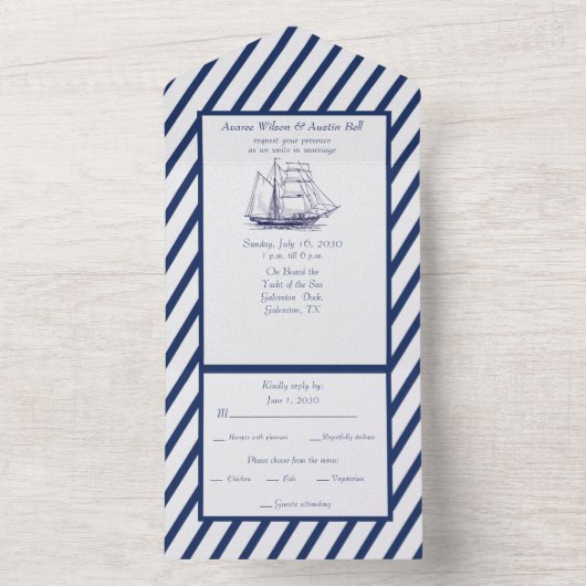 Nautical Navy and White Stripes All In One Uitnodiging (Binnen)