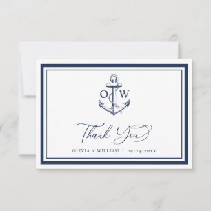 Nautical Navy Anker Monogram Bruiloft Bedankkaart