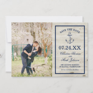 Nautical Navy Anker Rustiek Hout Save The Date