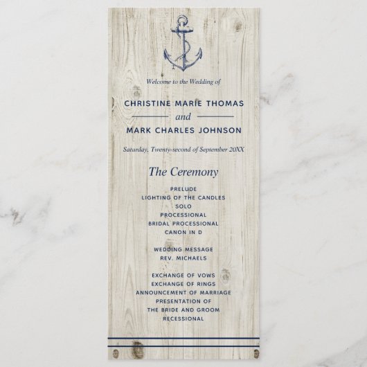 Nautical Navy Anker Rustieke Houten Bruiloft Programma (Voorkant)