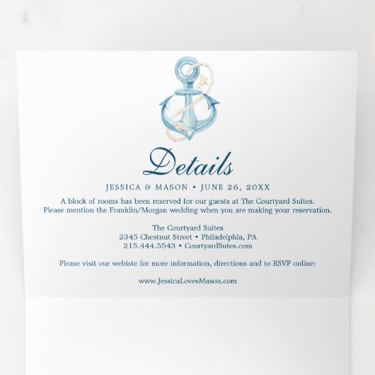 Nautical Navy Beach Bruiloft Tri-Fold uitnodiginge Drieluik Uitnodiging (Binnenzijde eerst)