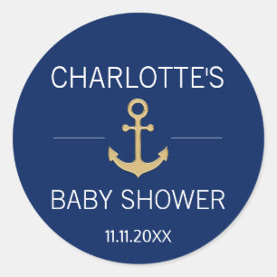 Nautical Navy Blauw Goud Anker Wit BABY SHOWER Ronde Sticker