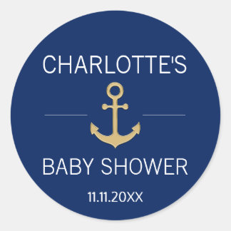 Nautical Navy Blauw Goud Anker Wit BABY SHOWER Ronde Sticker
