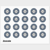 Nautical Navy Blauw Wit Strepen Monogram Ronde Sticker (Vel)