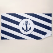 Nautical Navy Blauw & Wit Stripe Anker Strandlaken (Voorkant)