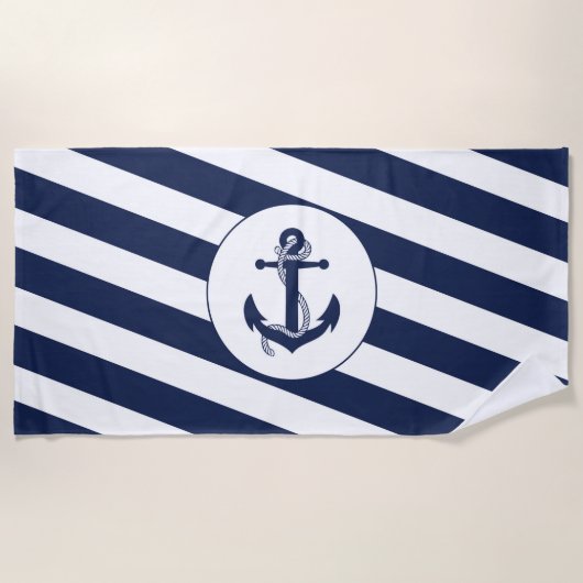 Nautical Navy Blauw & Wit Stripe Anker Strandlaken (Voorkant)