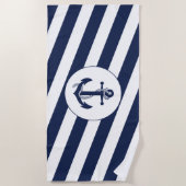 Nautical Navy Blauw & Wit Stripe Anker Strandlaken (Voorkant)
