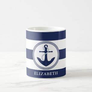 Nautical Navy blauwe strepen en anker gepersonalis Koffiemok