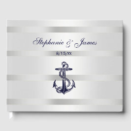 Nautical Navy Blu Anchor Silver White Gastenboek
