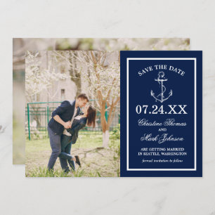 Nautical Navy Blue Anchor 2 foto Save the Date Kaart