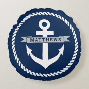 Nautical navy blue anchor and rope familienaam rond kussen