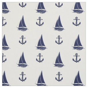 Nautical Navy blue anchor/blue zeilboot silhouette Stof