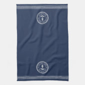 Nautical Navy Blue Anchor Boat Name Kitchen Towel Theedoek (Verticaal)