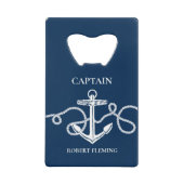 Nautical Navy Blue Anchor Captain Name Kredietkaart Flessenopener (Voorkant)