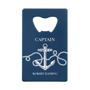 Nautical Navy Blue Anchor Captain Name Kredietkaart Flessenopener