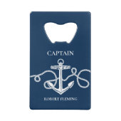 Nautical Navy Blue Anchor Captain Name Kredietkaart Flessenopener (Achterkant)