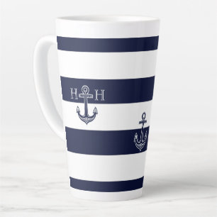 Nautical Navy Blue Anchor Coastal Monogram Koffie Latte Mok