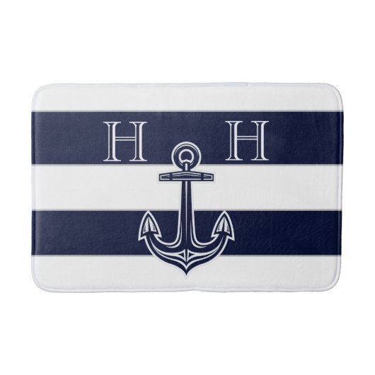 Nautical Navy Blue Anchor Coastal Monogram Naam Badmat (Voorkant)