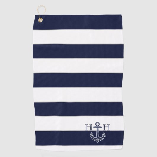 Nautical Navy Blue Anchor Coastal Monogram Naam Golfhanddoek (Voorkant)