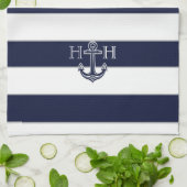 Nautical Navy Blue Anchor Coastal Monogram Theedoek (Gevouwen)