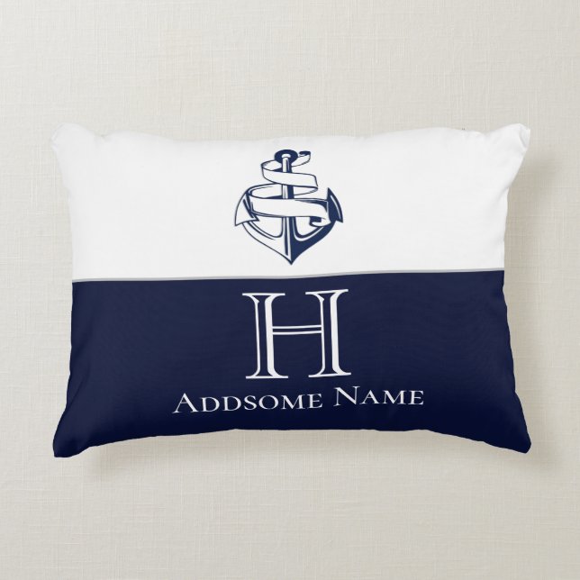 Nautical Navy Blue Anchor Coastal Monogramed Accent Kussen (Voorkant)