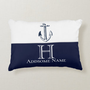 Nautical Navy Blue Anchor Coastal Monogramed Accent Kussen