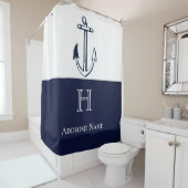 Nautical Navy Blue Anchor Coastal Monogrammed Show Douchegordijn (In situ)
