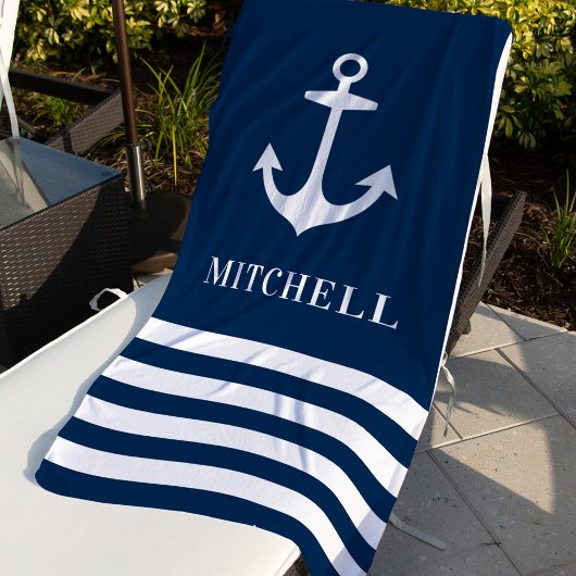 Nautical Navy Blue Anchor Custom Name Beach Strandlaken