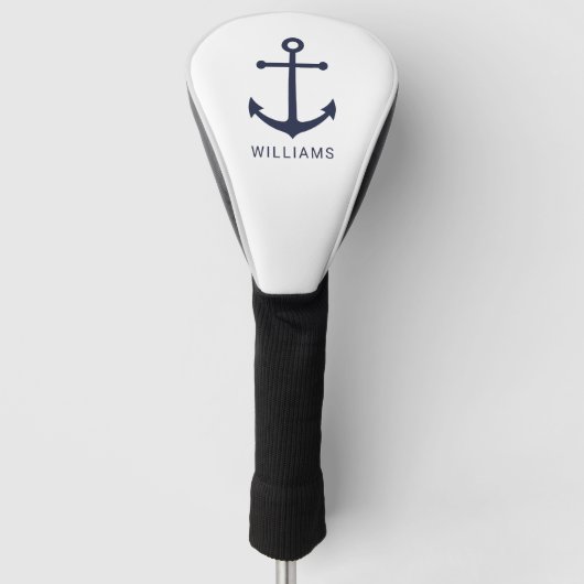 Nautical Navy Blue Anchor en aangepaste naam Golfheadcover (Voorkant)