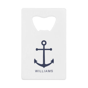 Nautical Navy Blue Anchor en aangepaste naam Kredietkaart Flessenopener