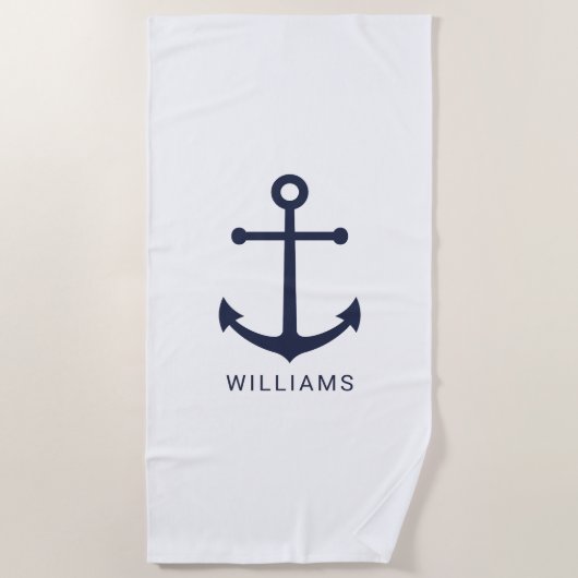 Nautical Navy Blue Anchor en aangepaste naam Strandlaken (Voorkant)