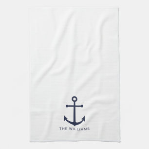 Nautical Navy Blue Anchor en aangepaste naam Theedoek