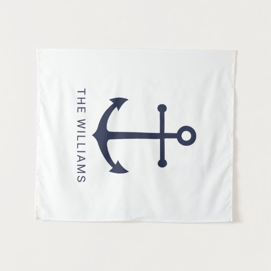 Nautical Navy Blue Anchor en aangepaste naam Wandkleed (Voorkant (horizontaal))