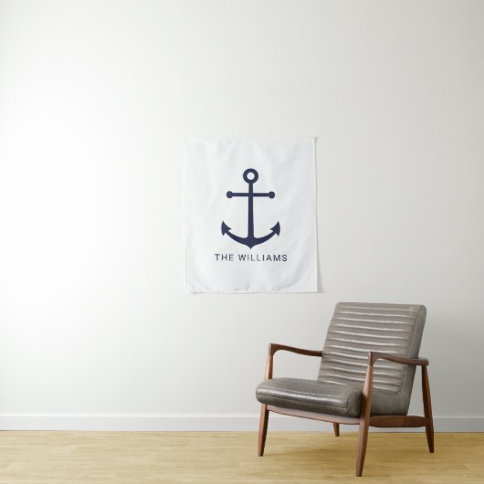 Nautical Navy Blue Anchor en aangepaste naam Wandkleed (In situ)