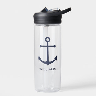 Nautical Navy Blue Anchor en aangepaste naam Waterfles