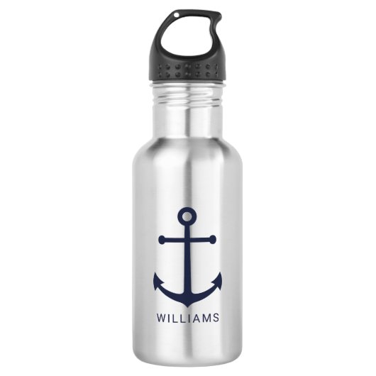 Nautical Navy Blue Anchor en aangepaste naam Waterfles (Voorkant)