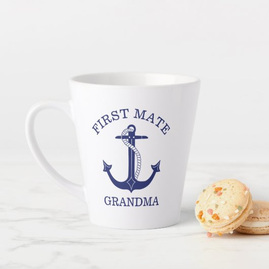 Nautical Navy Blue Anchor First Mate Grandma Latte Mok (In situ)