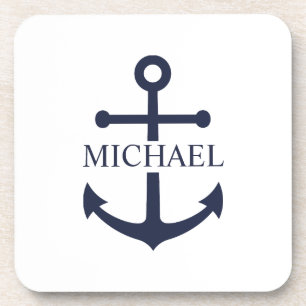 Nautical Navy Blue Anchor Gepersonaliseerde naam Bier Onderzetter