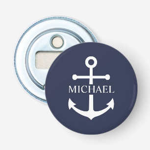 Nautical Navy Blue Anchor Gepersonaliseerde naam Button Flesopener
