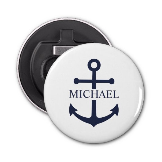 Nautical Navy Blue Anchor Gepersonaliseerde naam Button Flesopener (Voorkant)