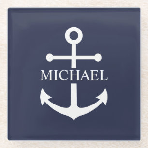 Nautical Navy Blue Anchor Gepersonaliseerde naam Glazen Onderzetter