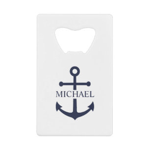 Nautical Navy Blue Anchor Gepersonaliseerde naam Kredietkaart Flessenopener